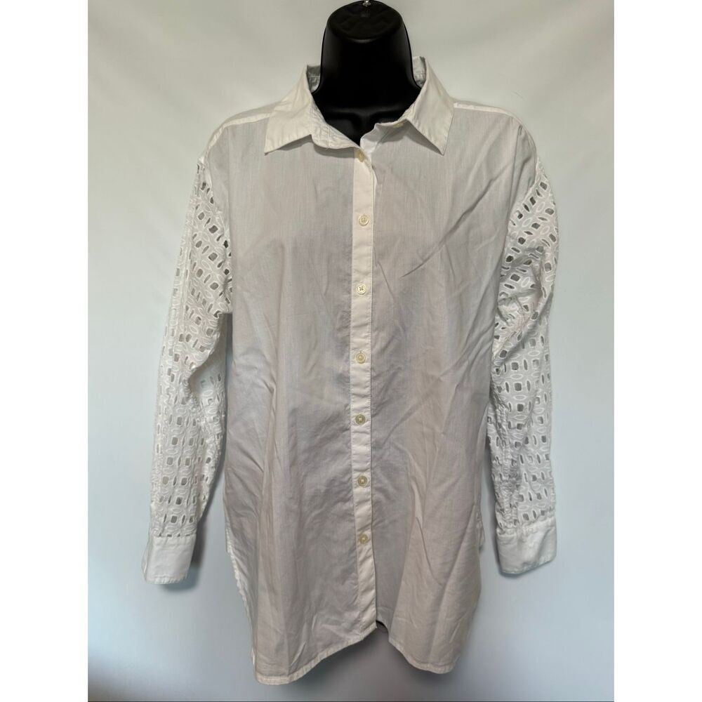 Loft women’s long sleeve eyelet detail white button up shirt, size small NWOT